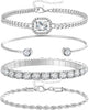 4 PCS Dainty Gold Silver Bracelets Set for Women with 14K Plated Link Cubic Zirconia Paperclip Bracelet Stake Layering Chain Adjustable Hand Jewelry - Silver