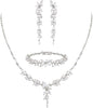 Cubic Zirconia Teardrop Wedding Bridal Jewelry Set for Bride - Floral_Silver-Tone