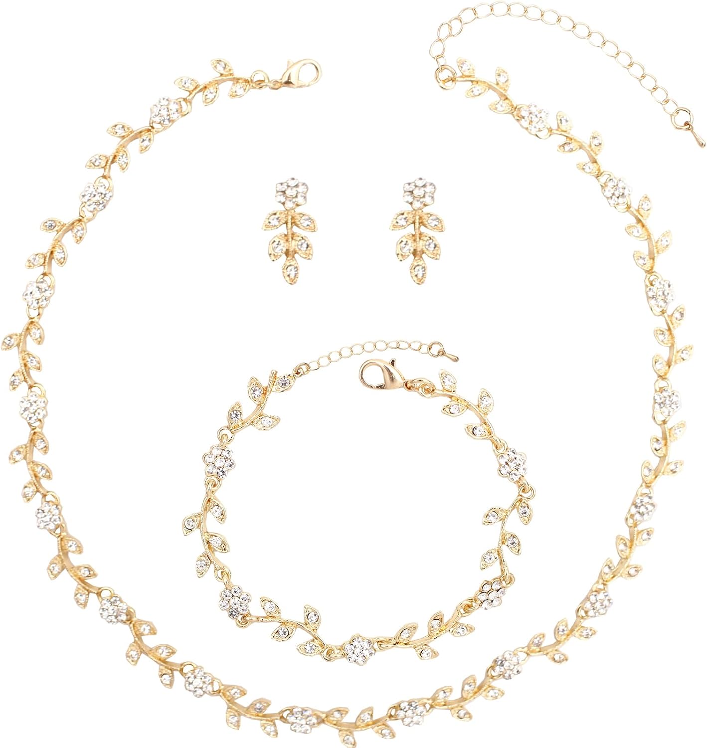 Austrian Crystal Rhinestone Choker Necklace Dangle Earring Link Bracelet Jewelry Set for Brides Prom Costume Accessories for Women - main view