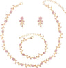 Austrian Crystal Rhinestone Choker Necklace Dangle Earring Link Bracelet Jewelry Set for Brides Prom Costume Accessories for Women - En001-Pink-Gold Plated