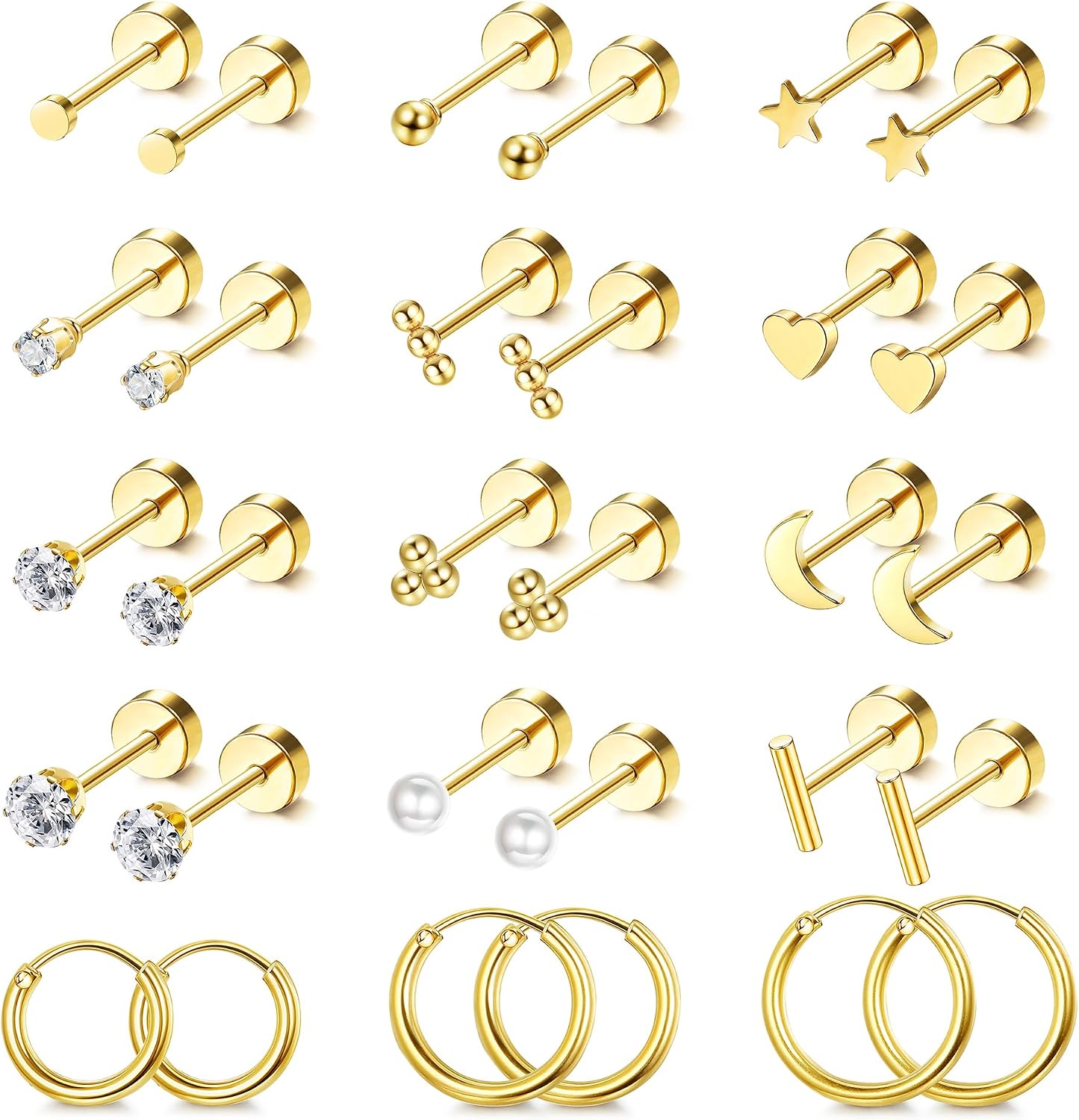 Small Flat Back Stud Earrings for Women 14K Gold Plated Surgical Stainless Steel Earring Sets Tiny Screw Back Cartilage Earrings - main view
