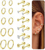Small Flat Back Stud Earrings for Women 14K Gold Plated Surgical Stainless Steel Earring Sets Tiny Screw Back Cartilage Earrings - Gold Tone-Ball&CZ&Hoops