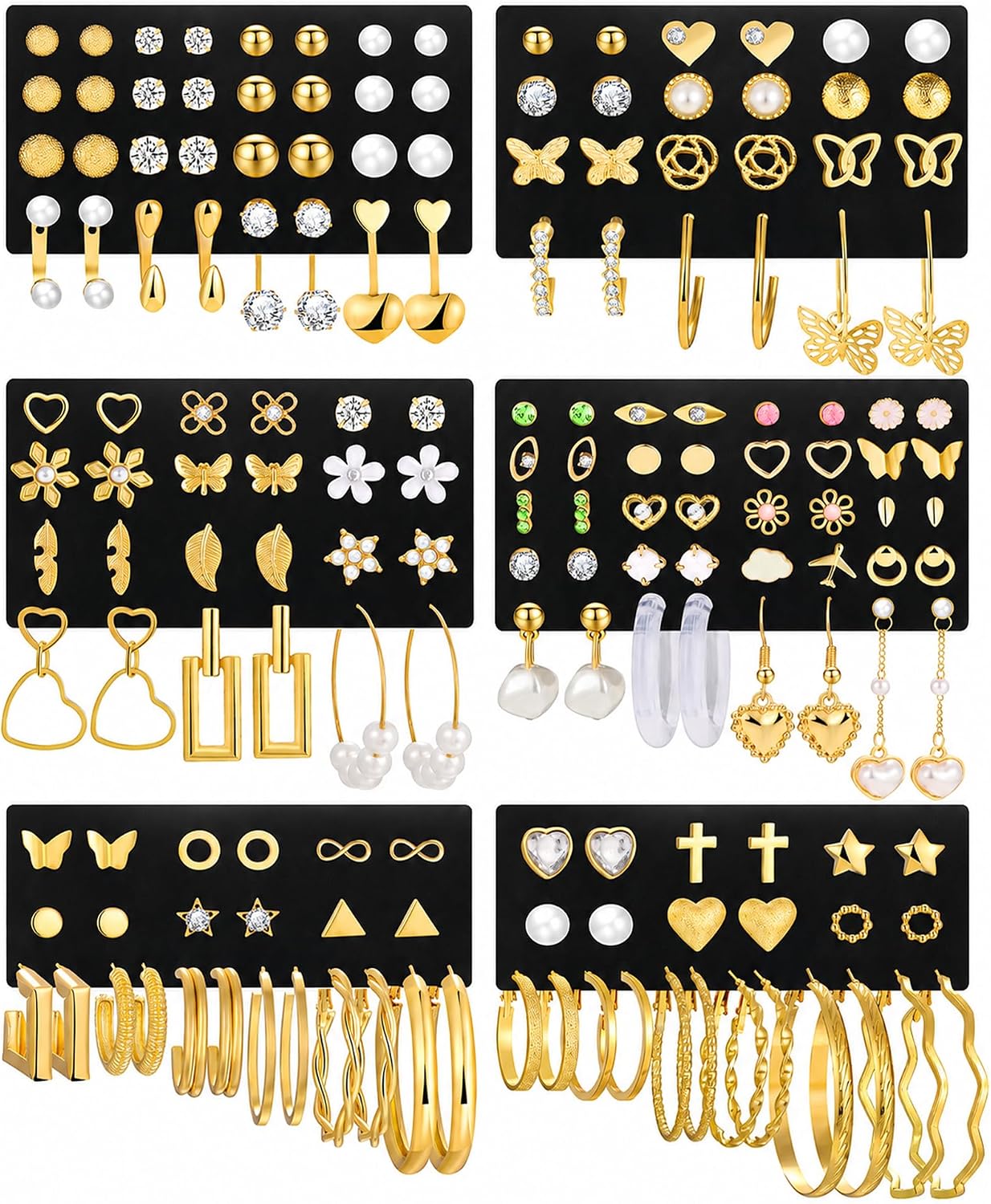 84 Pairs Gold Stud Earrings Set for Women Multipack, Fashion Pearl Cubic Zirconia Butterfly Earrings Packs Piercings, Stud Hoops Earrings for Gift - main view