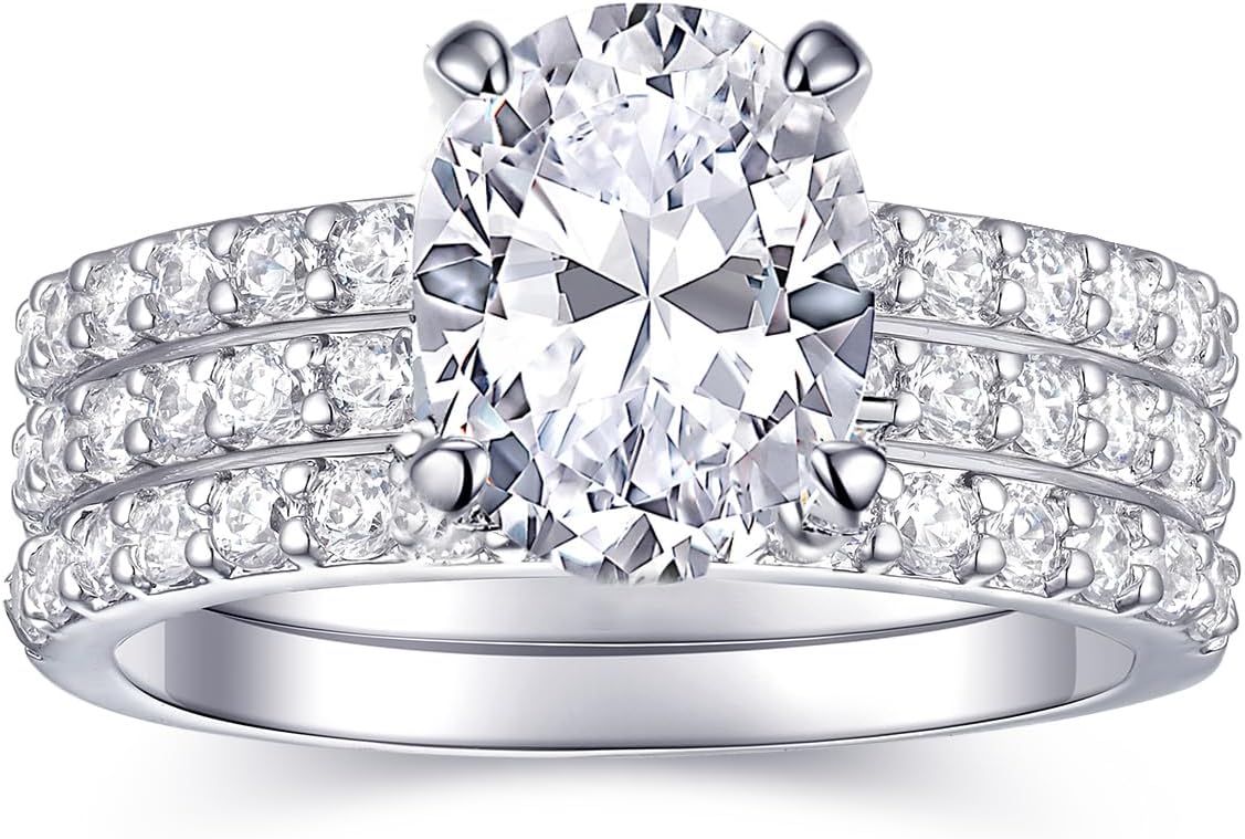 2CT Oval Cut Travel Engagement Rings for Women, 18K White Gold Plated Sparkle CZ Wedding Band Promise Rings for Her, Anniversary Bridal Ring Set - main view