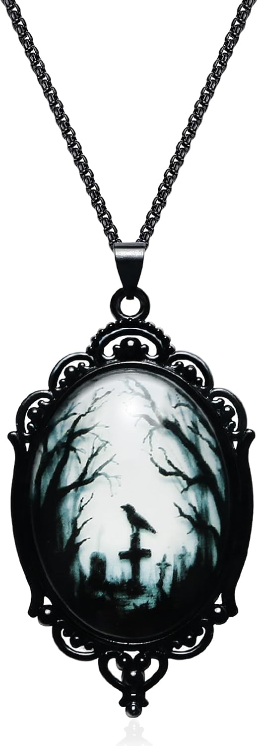 Gothic Necklace for Women with Witch Raven Rose Bat Pendant and Vampire Theme Charms Choker Style Costume Jewelry - main view