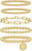 Gold Bracelets for Women with 14K Gold Plated Beaded Strand Bead Ball Bracelets stack Adjustable Jewelry Set for Gifts - 5PCS Gold Letter V