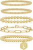 Gold Bracelets for Women with 14K Gold Plated Beaded Strand Bead Ball Bracelets stack Adjustable Jewelry Set for Gifts - 5PCS Gold Letter L