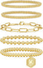 Gold Bracelets for Women with 14K Gold Plated Beaded Strand Bead Ball Bracelets stack Adjustable Jewelry Set for Gifts - 5PCS Gold Letter K