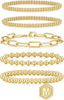 Gold Bracelets for Women with 14K Gold Plated Beaded Strand Bead Ball Bracelets stack Adjustable Jewelry Set for Gifts - 5PCS Gold Letter M