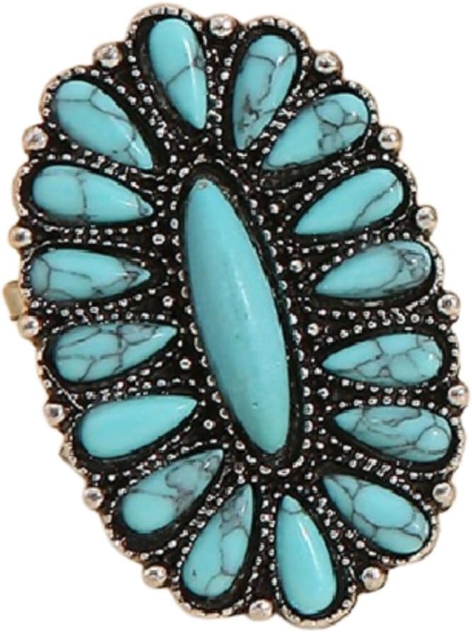 Bohemian Vintage Turquoise Oval Flower Rings Geometric Ethnic Natural Stone Adjustable Silver Joint Knuckle Rings Western Cowgirl Statement Jewelry - main view