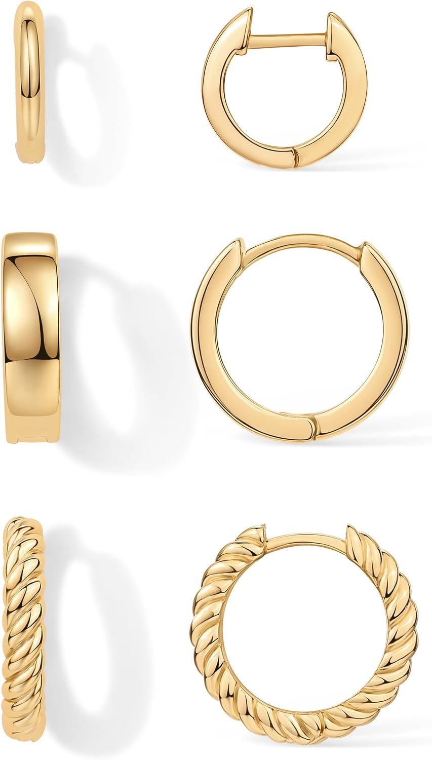 Gold Hoop Earrings for Women, 3-Pair Small Huggie Earrings Set - main view