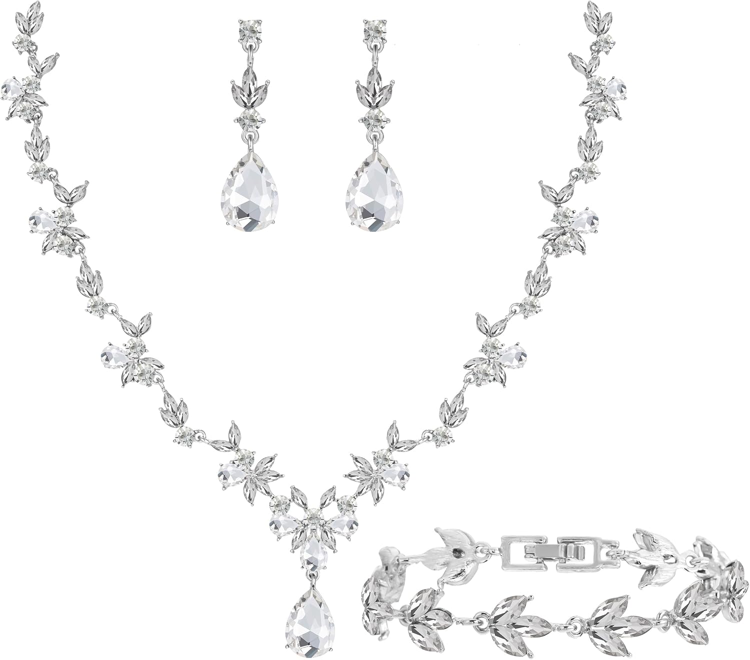 Bridal Wedding Elegant Floral Jewelry Set for Women/Brides/Bridesmaids Crystal Jewelry Set for Wedding Prom Party Bridal Crystal Necklace Earrings - main view