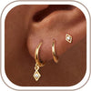 3 Pairs Gold Hoop Earrings Set - Dainty Stud for Multiple Piercing - square CZ dangle earrings-GD