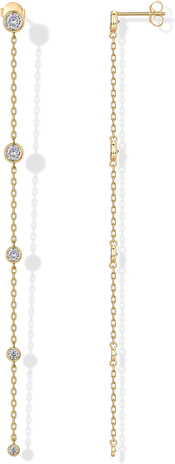 14K Gold Plated Station Linear Dangle Earrings for Women, CZ Earrings - main view