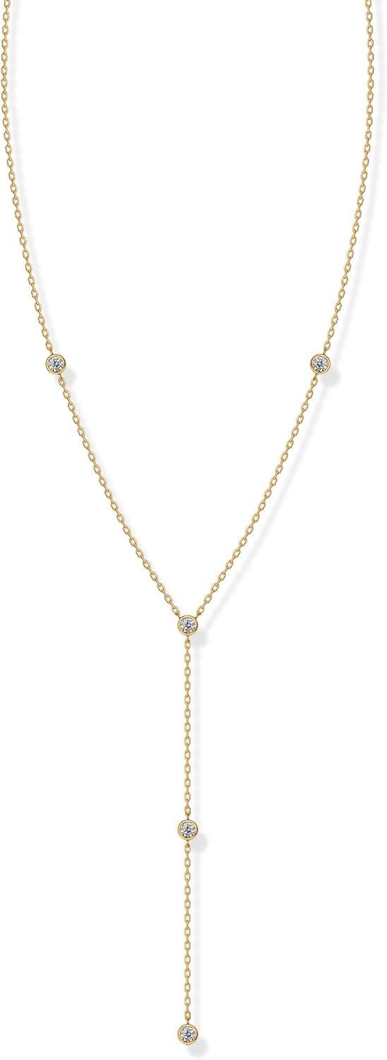 14K Gold Plated Drop Lariat Chain for Women Cubic Zirconia Long Necklace Station Star Layered Beaded Y Necklace - main view