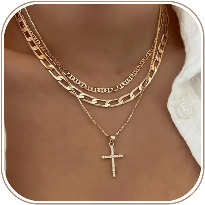 Cross Necklace for Women Stack 14K Gold/Silver Plated Layered Necklace - main view