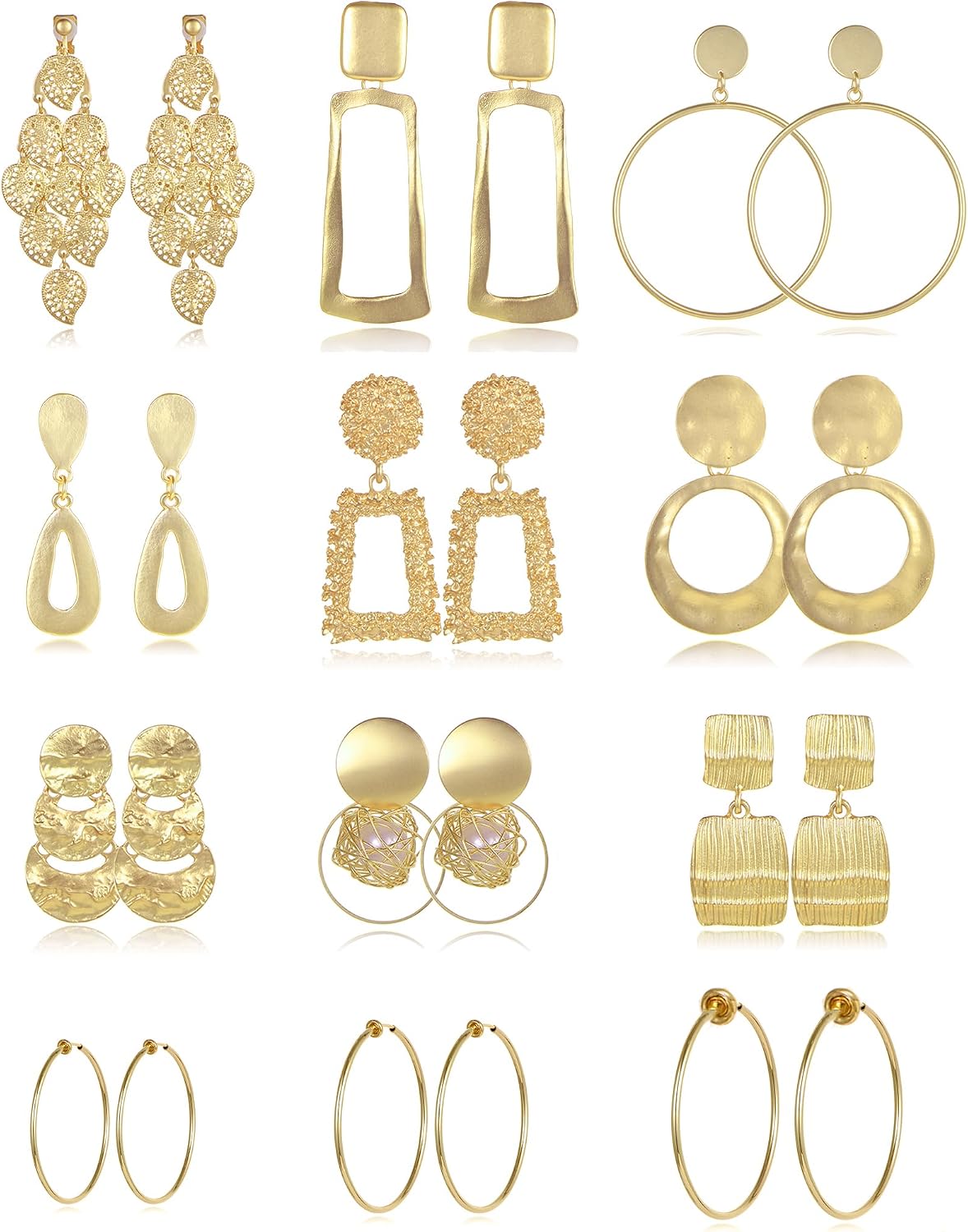 12 Pairs Clip on Hoop Earrings for Women Geometric Round Twist Chunky Hoop Earrings No Piercing Fake Earrings Gold Silver Tone - main view