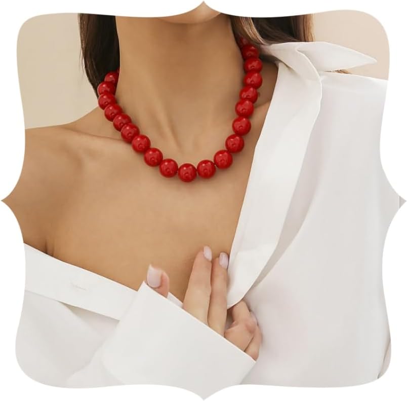 Black Red Pearl Necklace Gothic Beads Collar Choker Faux Pearl Strand Choker Boho Beads Necklace for Women - main view