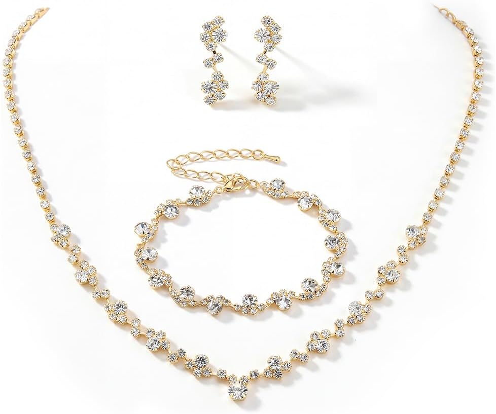 Bride Crystal Necklace Earrings Set Bridal Wedding Jewelry Sets Rhinestone Choker Necklace Costume Jewelry Set for Women and Brides - main view
