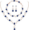 Wedding Jewelry Sets for Bride Women Cubic Zirconia Necklace Earrings Bracelet Set Gift for Friend Party Prom Jewelry - Rose Gold-Blue