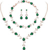 Wedding Jewelry Sets for Bride Women Cubic Zirconia Necklace Earrings Bracelet Set Gift for Friend Party Prom Jewelry - Rose Gold-Green
