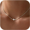 Cross Necklace for Women 14K Gold Plated Dainty Small Pendant Choker Sideways Cross Charm Simple Box Chain Baptism - Box Chain Sideways Cross-SL
