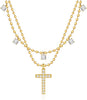 Cross Necklace for Women 14K Gold Plated Dainty Small Pendant Choker Sideways Cross Charm Simple Box Chain Baptism - 2 Layered Bead+Diamond Cross-GD