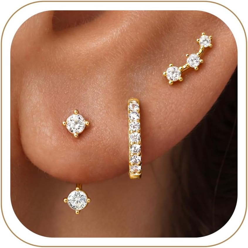3 Pairs Dainty Small Earrings Set for Women Trendy, Birthstone Stud Huggie Hoop Jacket Stack for Cartilage Helix, Gold Plated Cute Women Fashion - main view
