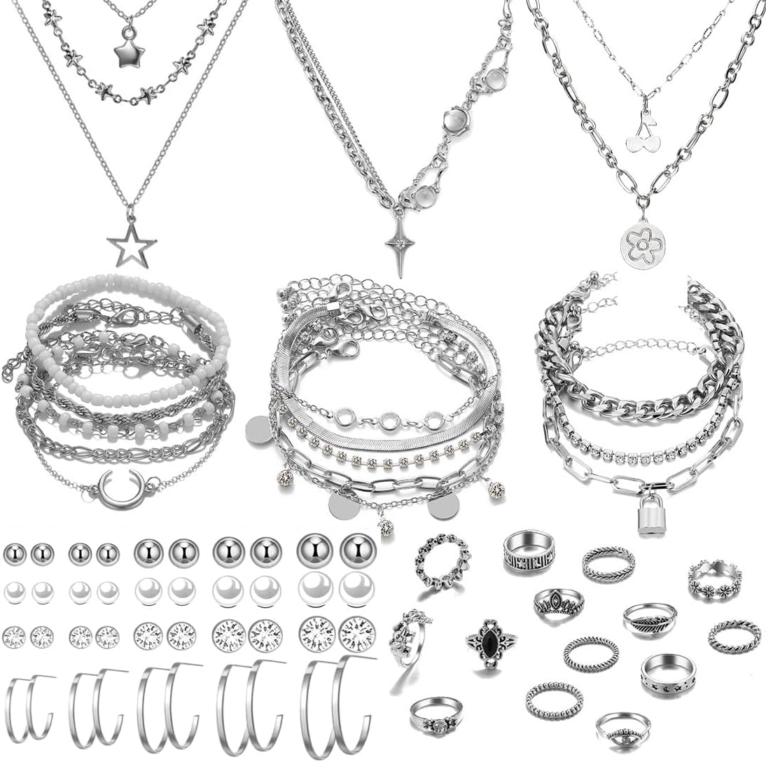 37pcs Silver Jewelry Set With 3 PCS Necklace, 14 PCS Bracelet, 7 PCS Ear Cuffs Earring, 6pcs Hoop Earrings, 7pcs silver rings set For Women For - main view