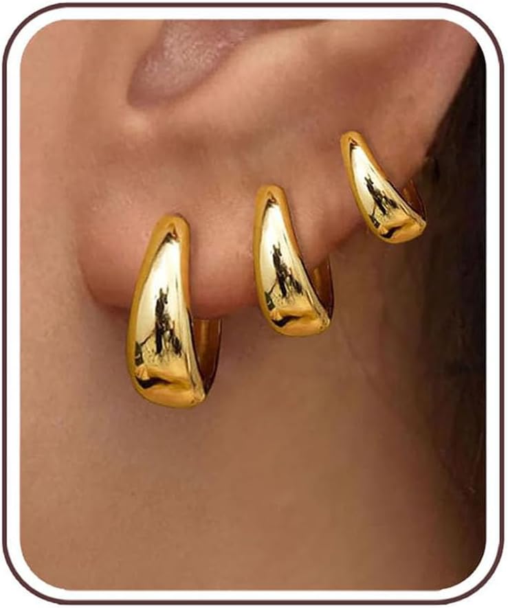 3 Pairs Gold Hoop Earrings Set for Women Trendy Chunky Small Huggie Jewelry - main view