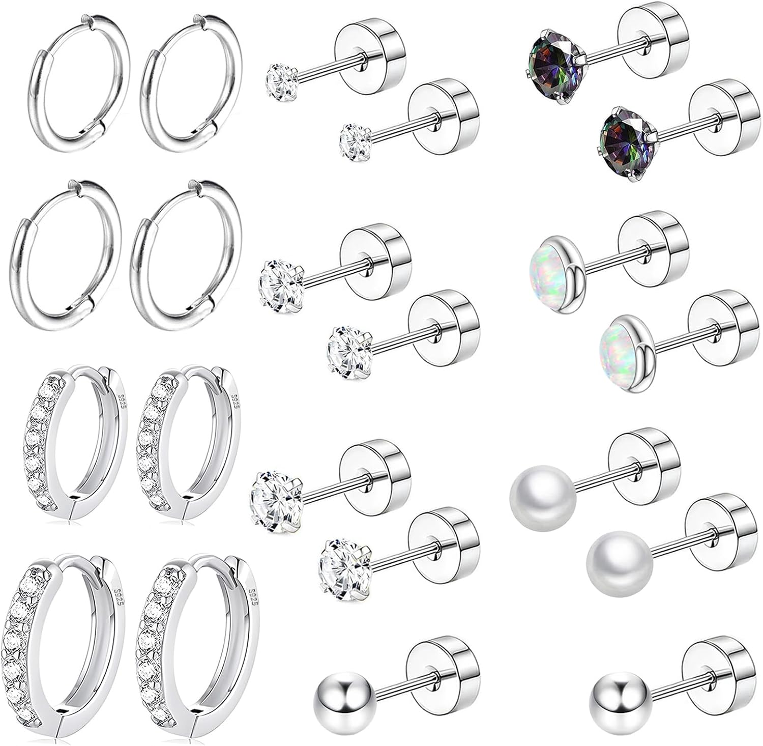 Surgical Steel Flat Back Earrings Set for Multiple Piercing Sensitive Ears, Sterling Silver Small Cartilage Huggie Hoop Earrings Titanium Tiny CZ - main view