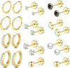 Surgical Steel Flat Back Earrings Set for Multiple Piercing Sensitive Ears, Sterling Silver Small Cartilage Huggie Hoop Earrings Titanium Tiny CZ - Gold