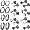 Surgical Steel Flat Back Earrings Set for Multiple Piercing Sensitive Ears, Sterling Silver Small Cartilage Huggie Hoop Earrings Titanium Tiny CZ - Black