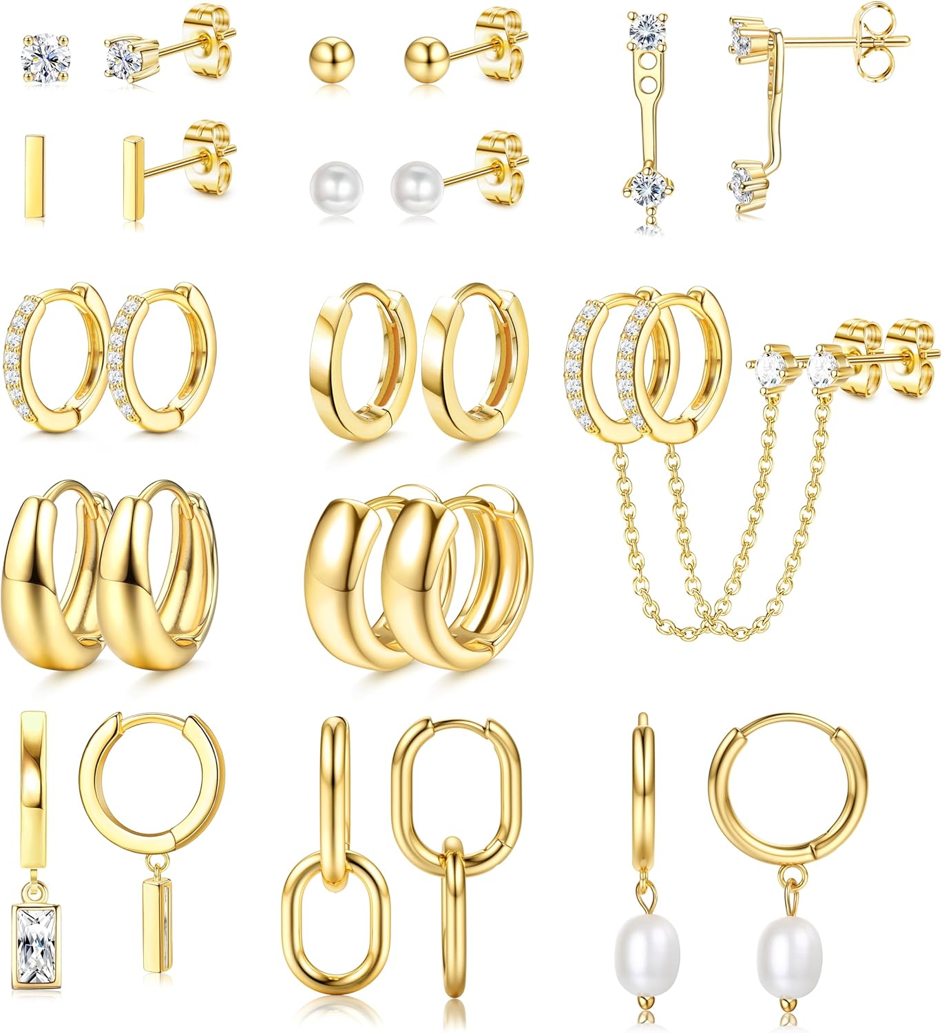 13 Pairs Small Stud Hoop Earrings Set for Women, Gold Earrings Pack - main view