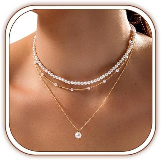 Gold Pearl Necklace for Women, Dainty 14K Gold/Silve Plated Layered Pearl Choker Pearl Earrings Pearl Bracelets Wedding Trendy Gold Jewelry Set for - main view