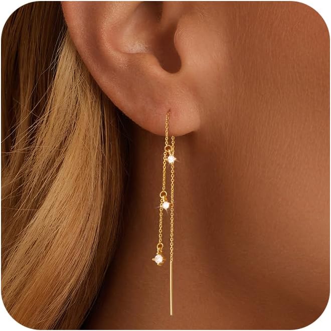 Gold Dangle Earrings for Women 14K Gold Plated Hoco Jewelry Drop Hypallergenic Prom Earring Dainty Long Hanging Chain CZ Pearl Threader Earrings - main view