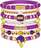 Game Day Bracelets for Women Red Black with Blue Heishi Clay Beaded Stretch Bracelets Stackable Sports Charm Bracelet Bangles Football Mom - Purple Yellow 1