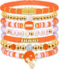 Game Day Bracelets for Women Red Black with Blue Heishi Clay Beaded Stretch Bracelets Stackable Sports Charm Bracelet Bangles Football Mom - Orange 2