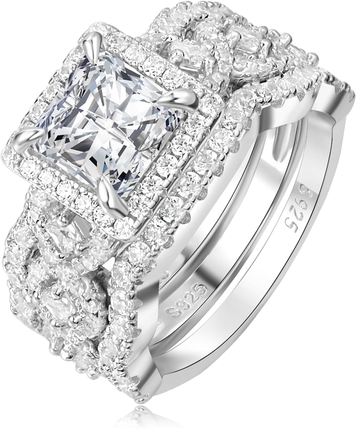 Princess Cut Cubic Zirconia Halo Promise Engagement Ring For Women in 925 Sterling Silver, Simulated Diamond 14k White Gold Plated CZ Stackable Rings - main view