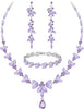 Wedding Jewelry Sets for Bride Bridal Jewelry Set for Women Wedding Crystal Necklace Earrings Bracelet Set for Party Prom Jewelry - Light Purple - Silver