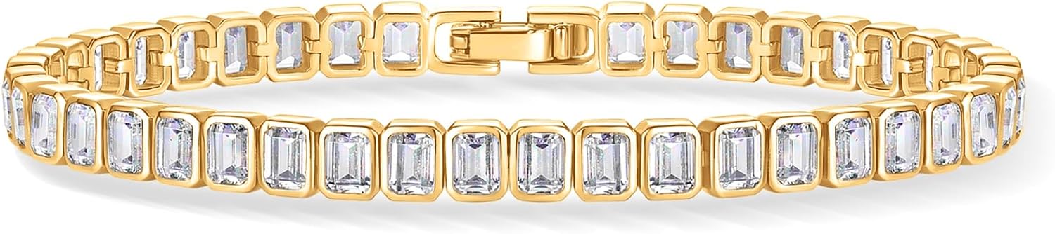 14K Gold Plated Tennis Bracelets for Women with Bezel Set CZ Bracelet Simulated Diamonds Round Trinity Radiant Pear Heart Cut Cubic Zirconia Bracelet - main view
