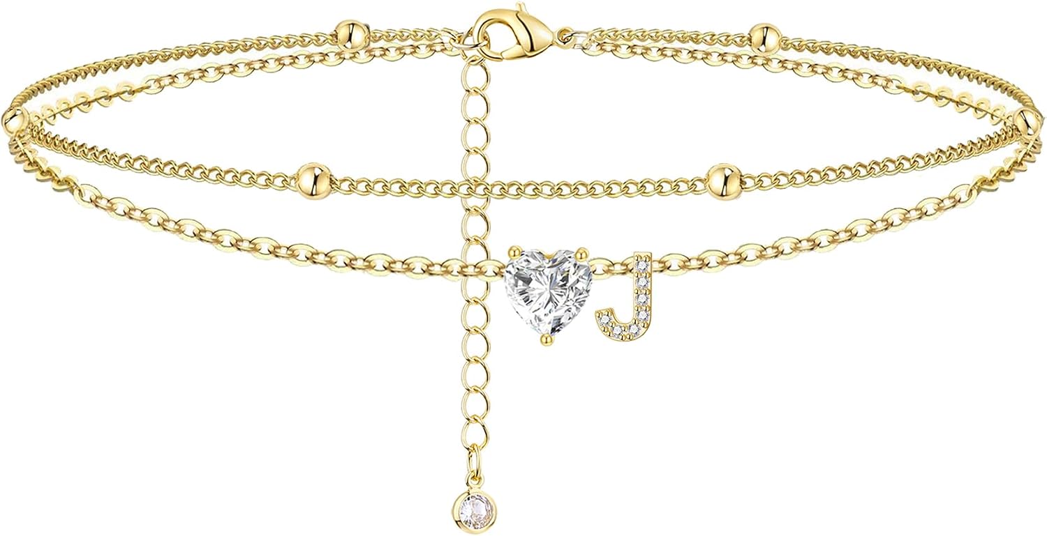 Ankle Bracelets for Women 14K Gold Plated CZ Initial Anklet for Women Dainty Layered Letter Heart Ankle Bracelets Handmade Adjustable Foot Chain - main view