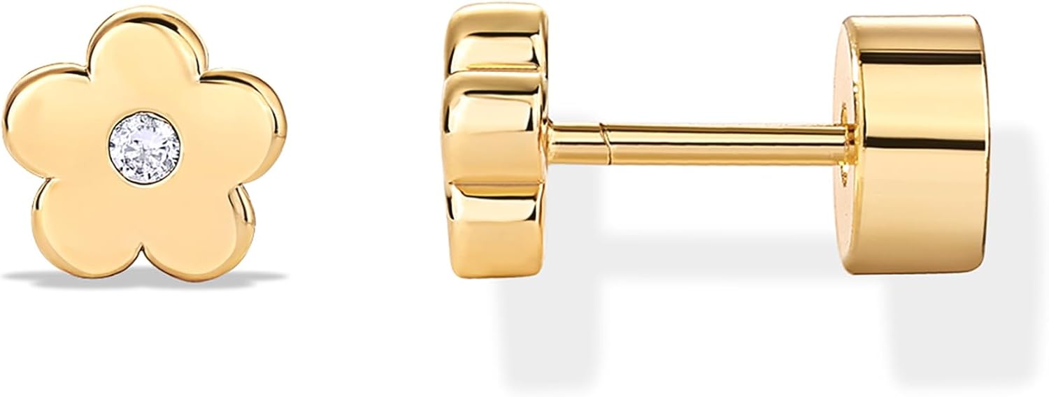 Dainty Flat Back Earrings for Women, 14K Gold Plated CZ Stud Piercing - main view