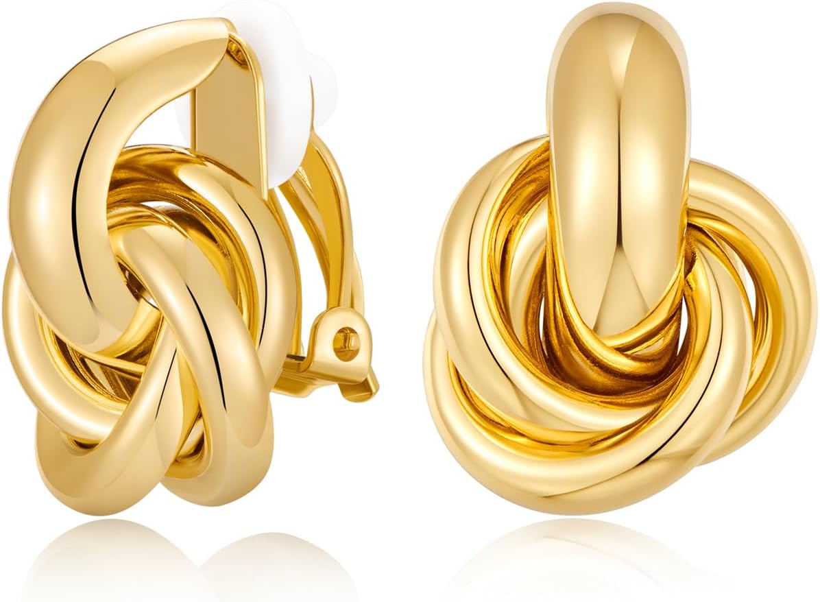 Gold Geometric Clip On Earrings for Women Chunky Gold Knot Link Clip Earrings Trendy Jewelry - main view