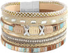 Leather Wrap Bracelet for Women Boho Western Layered Cuff Jewelry Stackable Bracelets Easy On Clasp Daily Wear Pairs with Boho Western Outfits - Khaki4