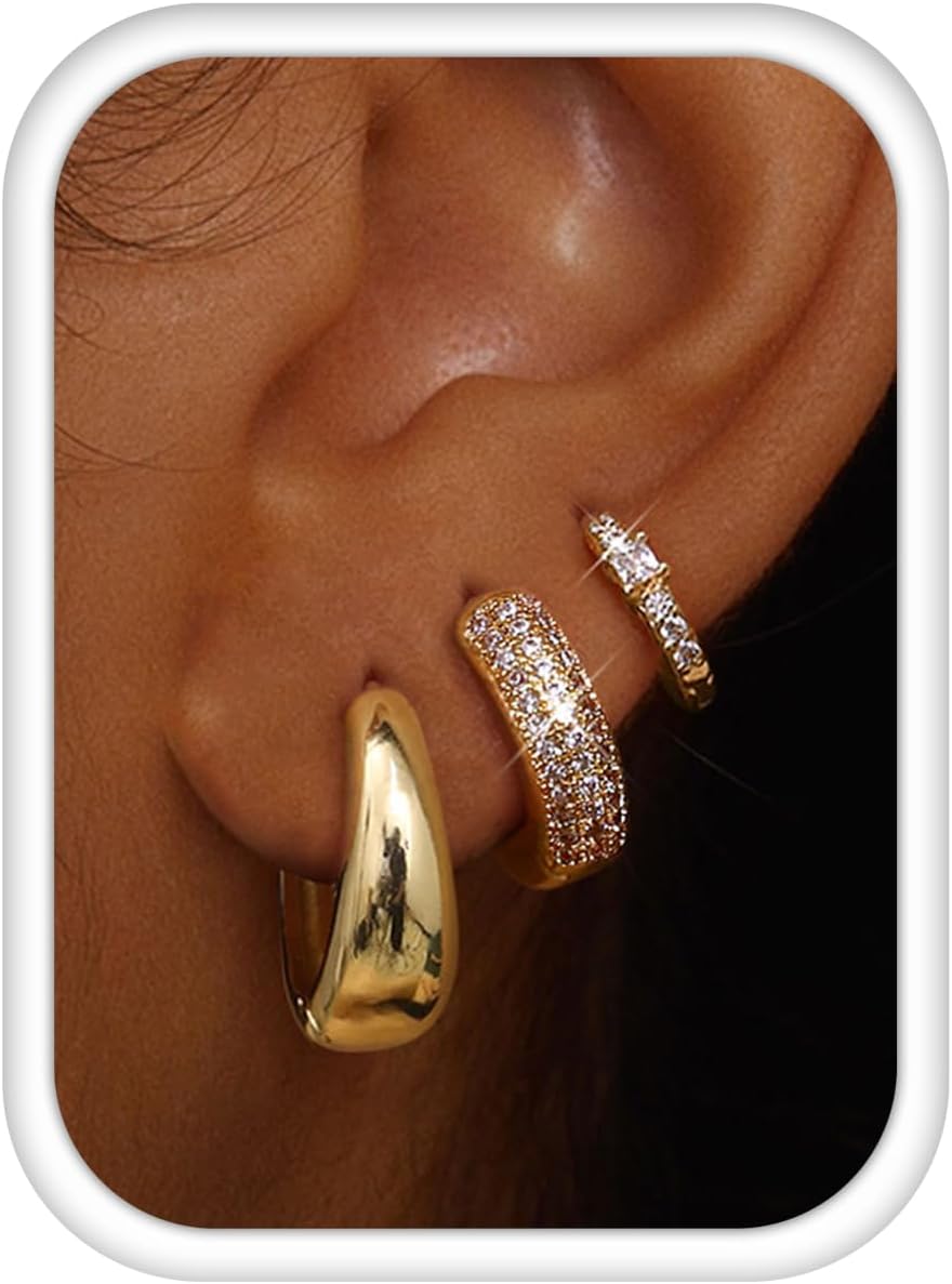 Small 14K Gold Plated Chunky Hoop Earrings for Women Silver Earrings Set Huggie Hoops Earring Stacks for Multiple Piercing Jewelry Lightweight 3Pairs - main view