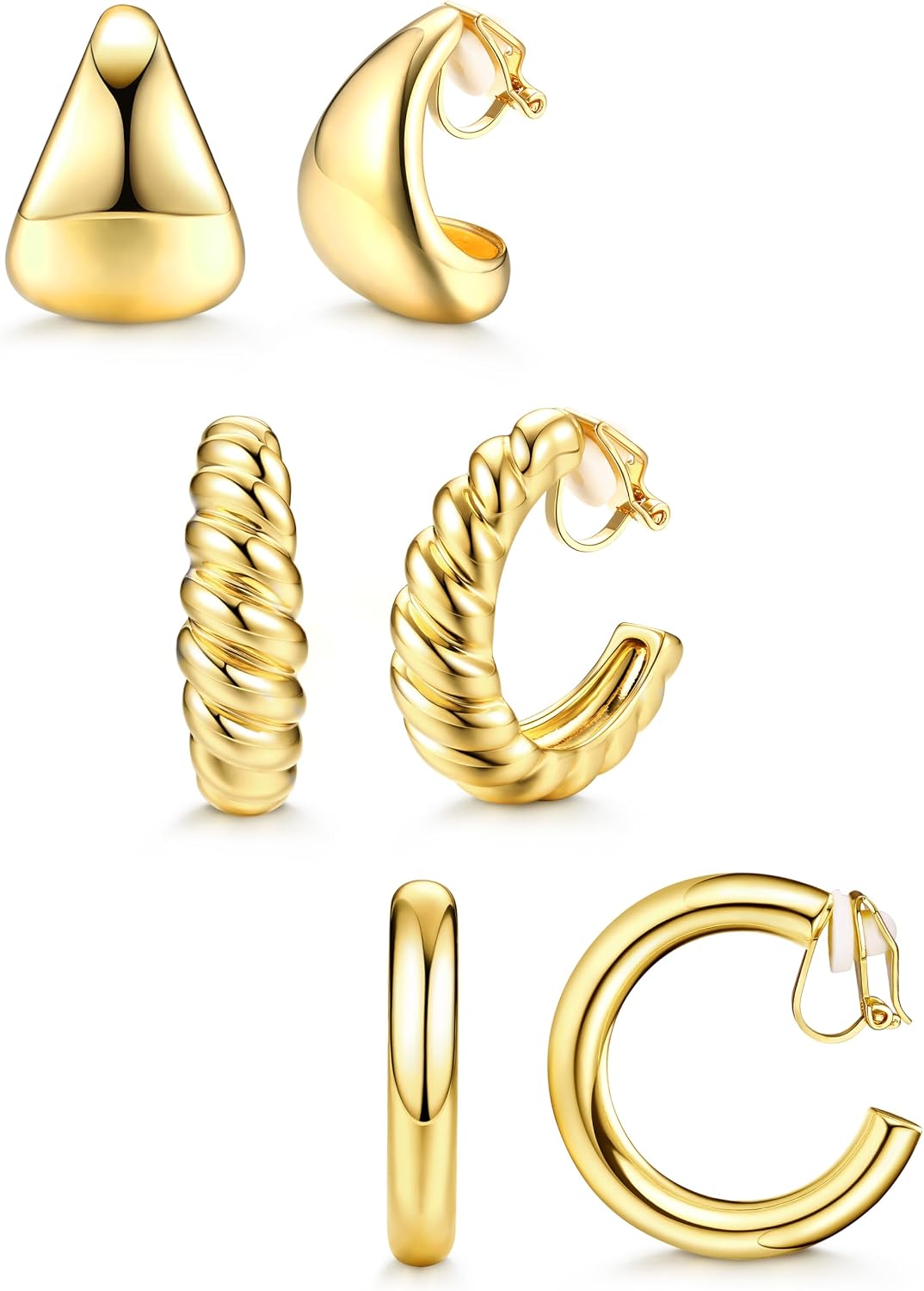 3Pairs Clip on Earrings for Women Trendy Chunky Hoops Fake Earrings - main view