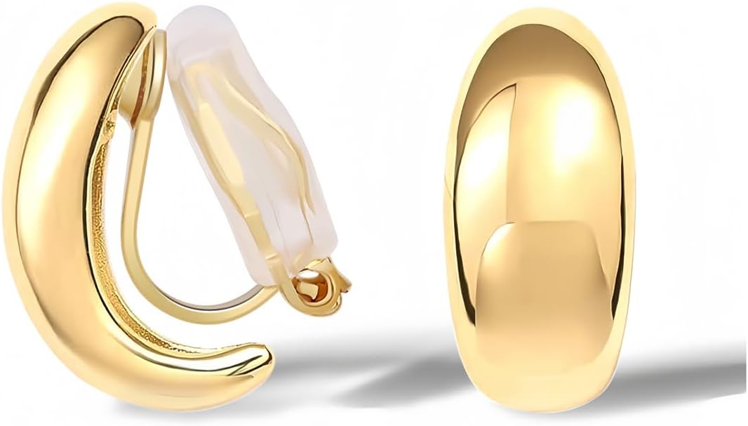 Clip On Earrings, Gold Silver Chunky Gold Small Huggie Hoops Clip-On Earrings for Women Trendy Non-Pierced Ears Lightweight Teen - main view