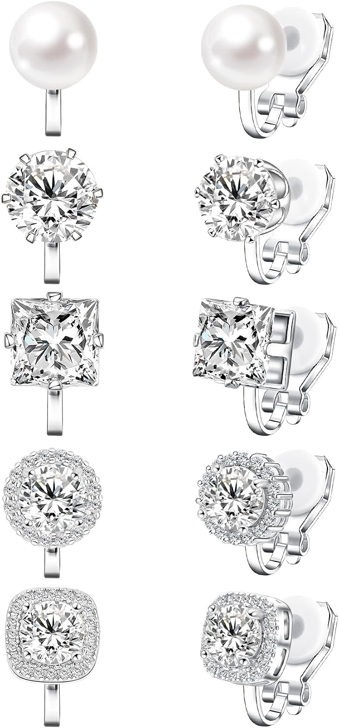 Cubic Zirconia Clip on Earrings - Women Comfortable Non Pierced Stud Earrings for Wedding and Dance Competitions, Clip-on Earrings Silver Gold - main view