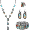 4 PCS Western Turquoise Jewelry for Women Boho Vintage Navajo Pearl Necklace Earring Bracelet Ring Set Country Cowgirl Accessories for Gift - I-Blue